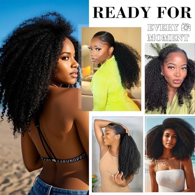 Domiso Afro Kinky Curly 3 In 1 Half Wig with Elastic Band Seamless Kinky Curly Flip Over Beginner Friendly Glueless Wear & Go Drawstring Band Clip in Wig Human Hair Black Color 18 Inch