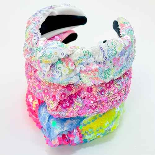 XIMA 3 PCS Sequin Headbands for Women and Girls Neon Rainbow Sparkle Statement Top Knot Holiday Hairbands Hair Accessories for Kids Girls Women