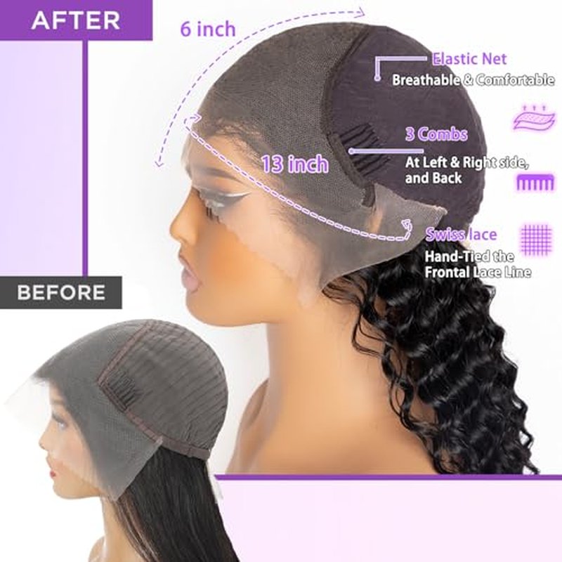 13x6 Deep Wave Lace Front Wigs Human Hair 200 Density HD Transparent Lace Front Wigs Human Hair Pre Plucked Glueless Wigs Human Hair with Baby Hair for Women 22 inch