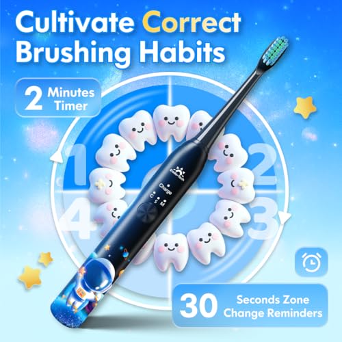 Kids Electric Toothbrush Rechargeable Age 3-5-6-12-18 Year Old, Sonic Toothbrush Kids with Timer 3 Modes 4 Vibrating Heads Habit Stickers Tooth Brush for Girls Boys and Childrens (Astronaut Black)