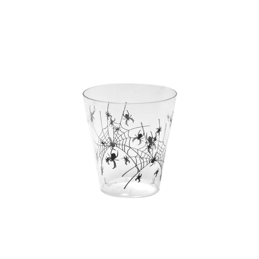 Party Essentials 20 Count Hard Plastic 2 oz Spider Print Halloween Shot Glasses, Clear/Black