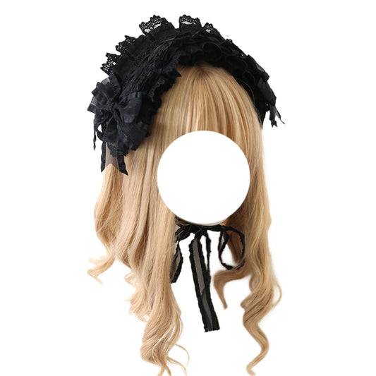 TTYAO REII Black Lolita Headpiece Women Girls Gothic Lace Bow Hair Accessories Maid Headdress for Cosplay Masquerade Party (Headband)