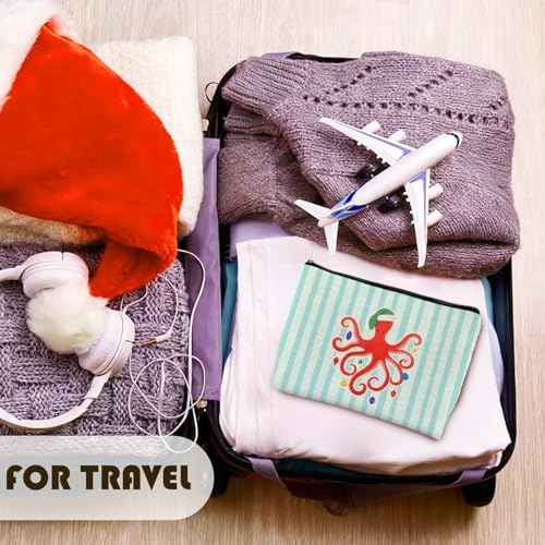Beach Christmas Octopus Makeup Bag, Octopus Gifts for Women, Coastal Beachy Christmas Cosmetic Bags for Women, Xmas Ocean Sea Animal Striped Zipper Makeup Pouch Travel Toiletry Bag