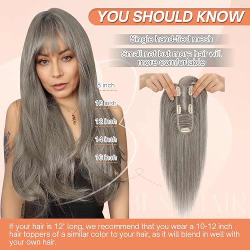 Benehair Human Hair Toppers for Women Clip in Hair Toppers for Daily Use 2 * 6cm Hand Made Lace Base Long Coverage Natural Hairpiece Wiglet #Gray 10Inch