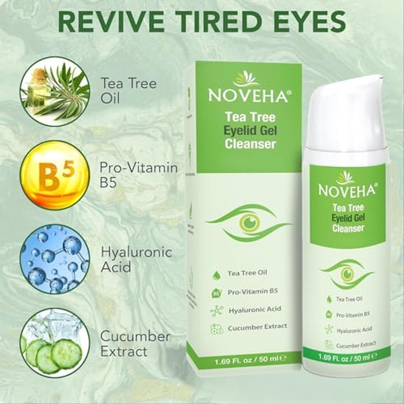 NOVEHA Tea Tree Eyelid Gel Cleanser - for Blepharitis, MGD, and Dry Eye with Pro-Vitamin B5, Hyaluronic Acid, and Cucumber Extract - Gentle Cleansing, Soothes Itchy Eyelid and Burning Eyes - 50mL