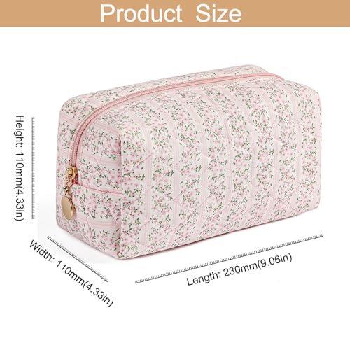 Makeup Bag Travel Cosmetic Bag for Women Girls, Zipper Make Up Pouch, Floral Flowers Toiletry Organizer Makeup, Portable Storage Cosmetic Travel Cloth Bag (Pink)
