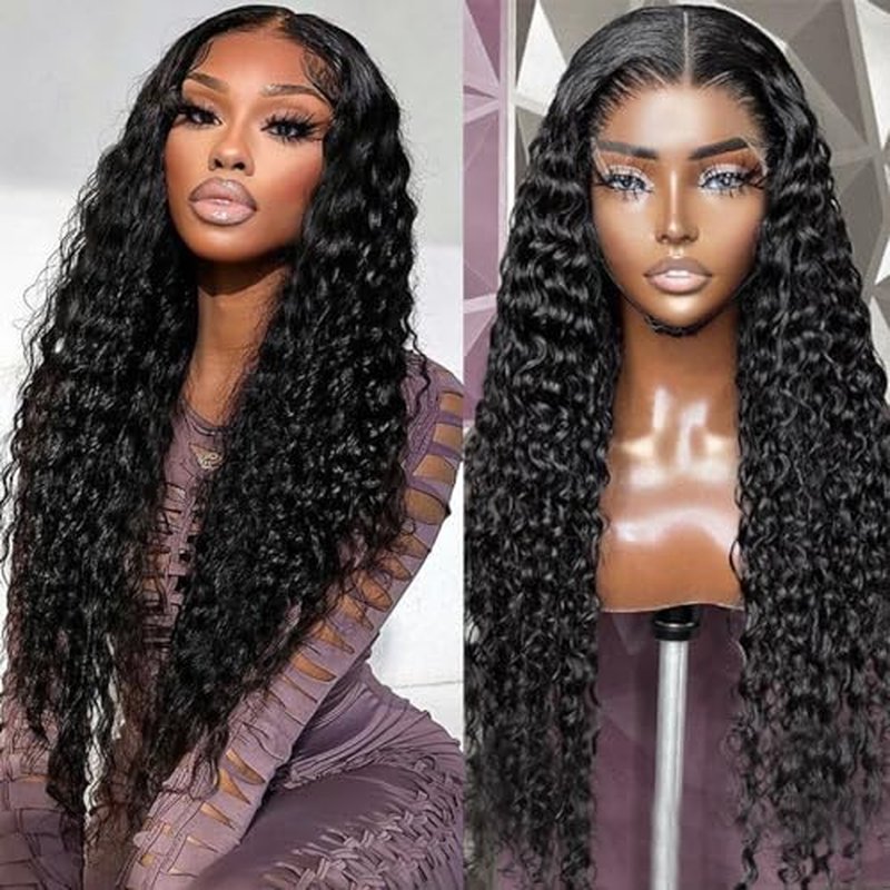 FIRIEYA Deep Wave Lace Front Wigs Human Hair Wigs for Black Women 180% Density 4X4 HD Transparent Lace Closure Human Hair Wigs for Black Women Glueless with Baby Hair Natural Color(24 Inch)