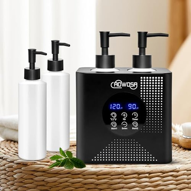 Massage Oil Warmer Double Bottle Professional Electric Lotion Digital Heater for SPA, Portable Oil Warmer Heated Cream for Beauty Salon Home, with ¡É/¢µ Switchable Display, Four Dispenser Bottle