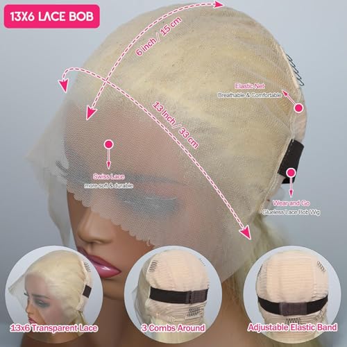 Honey Blonde 13x6 Transparent Lace Frontal Wigs For Black Women 180% Density 13x6 Blonde Short Straight Lace Bob Wigs Human Hair Pre Plucked Brazilian Remy Human Hair Blonde Glueless Lace Wig 16 Inch