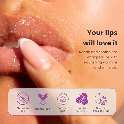 Dermasuri - Lip Exfoliator Scrub & Moisturizer - Sugar Scrubs for Soft Smooth Lips, Overnight Hydration, Brighten Dark Lips - Stocking Stuffer Gifts for Women - Coconut Passion Fruit Flavor- 20g/0.7oz