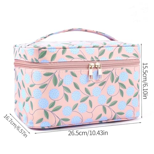 MAANGE Travel Makeup Bag, Cosmetic Bag, Portable Large Capacity Makeup Case, Make Up Organizer For Women, Oxford Cloth Toiletry Bag With Handle (Pink Plants)