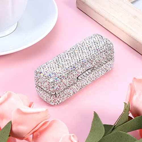 Rhinestone Lipstick Case with Mirror, Bling Crystal Lipstick Case Diamonds Makeup Cosmetic Storage Box Holder for Purse Ladies Fashion (Silver Color)