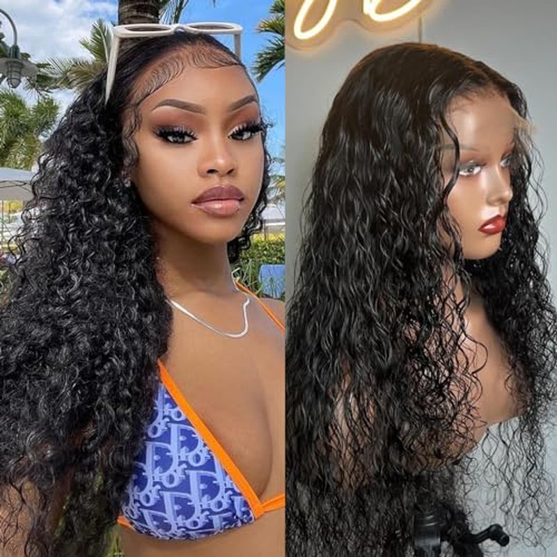 Water Wave Lace Front Wigs Human Hair 180% Density 13x4 HD Lace Frontal Wigs Pre Plucked with Baby Hair Wet and Wavy Curly Frontal Human Hair Wigs for Women Natural Color (24inch)