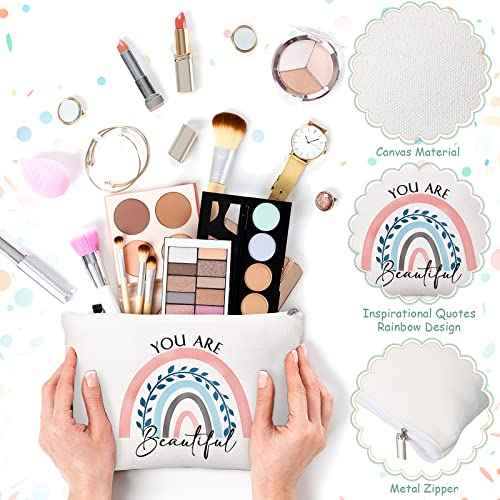 Coume 30 Pcs Inspirational Canvas Makeup Bags Bulk Employee Appreciation Gift for Women Motivational Cosmetic Bags with Zipper Boho Makeup Pouch Christmas Gift for Travel Coworker Teacher(Rainbow)