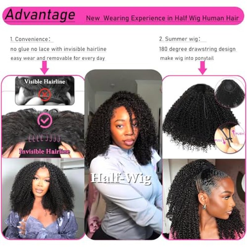 Half Wig Human Hair Afro Kinky Curly Wigs for Black Women 200 Density Glueless Wigs 100% Human Hair Ready to Go 3 In 1 Seamless Flip Over Drawstring Headband Wig for Women Clip in No Sew In 20 Inch