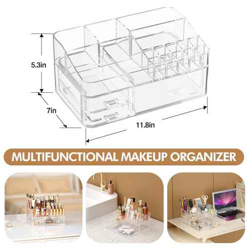 Makeup Organizer for Vanity, Acrylic Large Desk Organizer with Drawers, Ideal Vanity Holder for Cosmetics, Lipsticks, Nail Polish, Skincare, Countertop, Bathroom, Dresser