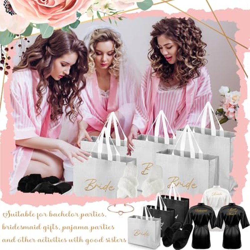 48 Pcs Bridesmaid Bride Robes Set of 8 Bridal Party Silk Satin Robes for Wedding Bachelorette Party Gifts (White,Black)