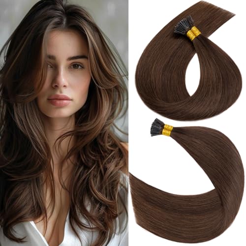 S-noilit I Tip Hair Extensions Real Human Hair for Women 100Strands 50Gram Keratin Glue K Tip Pre bonded Fusion Stick Tip Human Hair Piece Invisible Tipped in Hair 18 Inch #04 Medium Brown