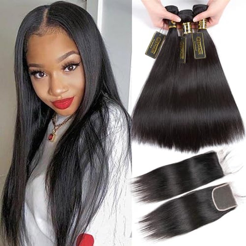 QTHAIR 16A Grade Straight Human Hair Bundles with HD Lace Closure(14" 14" 16"+12"Free Part Lace Closure,Natural Black) 100% Unprocessed Brazilian Virgin Hair Extensions