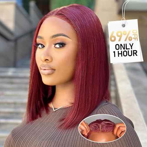 Wear and Go Glueless Bob Wig Human Hair 200% Density 5x5 HD Lace Closure Wigs For Black Women Glueless 5x5 Closure Wigs Human Hair Pre Plucked Bob Burgundy Color 14 Inch
