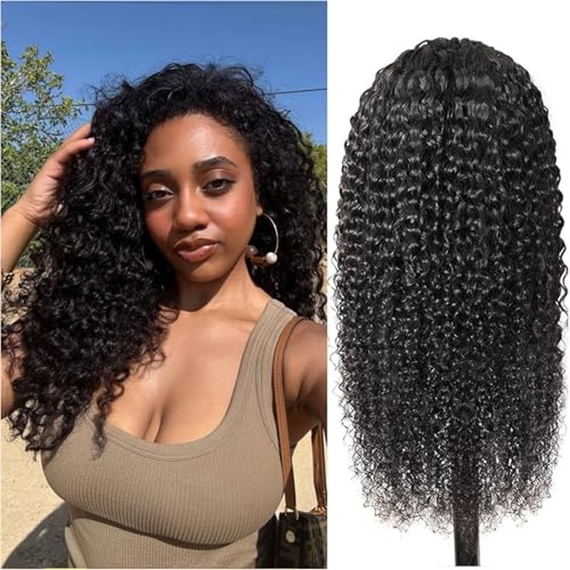 V Part Wig Human Hair Kinky Curly U Part Wig for Women Jerry Curly Glueless Upgrade V Part Clip in Half 180% Density No Leave Out No Sew in Natural Color 20Inch