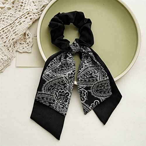 Bandana Hair Scrunchies with Ribbon Bow Scarf Scrunchies for Women, Elegant Floral Hair Ties Plaid Scarf Scrunchies (6 PCS Double Layer)