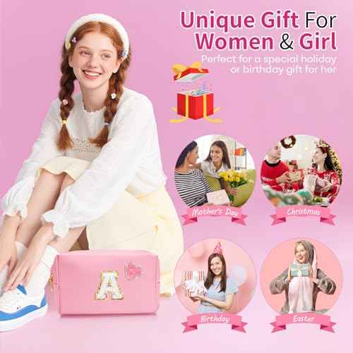 Personalized Initial Makeup Bag with Bling Heart Preppy Cosmetic Bag Cute Toiletry Travel Bag For Teen Girls Women Letter Makeup Pouch Purse for Holiday Birthday Christmas Gifts (A, Pink)