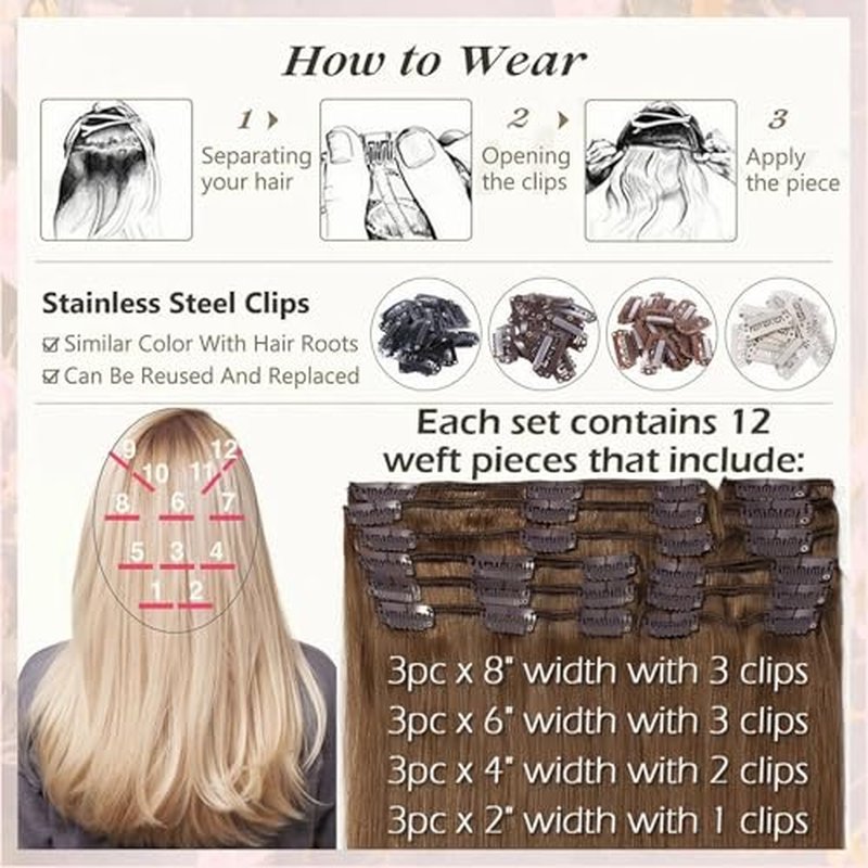 Clip In Hair Extensions Real Human Hair, Remy Human Hair Extensions 12PCS Long Soft Natural Hair piece 14-28 Inch Straight Hair Extension for Women(180g-250g 4# Medium Brown)
