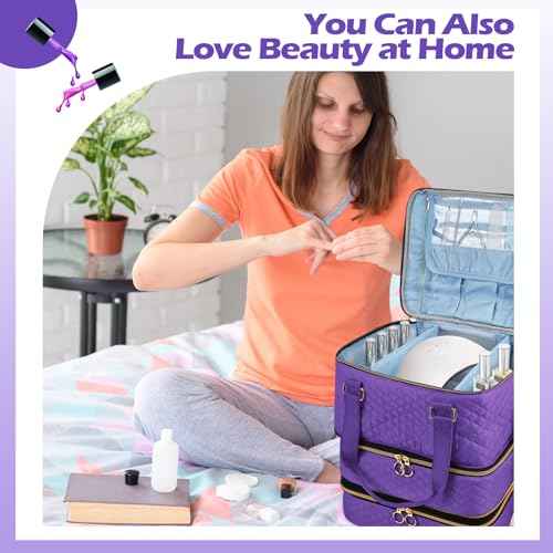 Nail Polish Organizer Case - Three Layer Nail Polish Storage Bag with Adjustable Dividers Holds 84 Bottles Nail Polish Nail Lamp Nail Kit Supplies Organizer Box - Purple