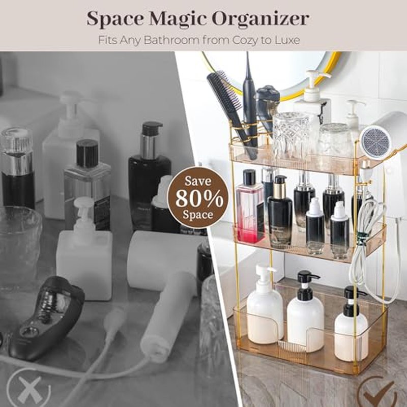 Aveniee Bathroom Counter Organizer,3 Tier Skincare Perfume Countertop Storage with Hair Dryer Rack and Toothbrush Holder, Cosmetic Makeup Tray for Vanity - Gold