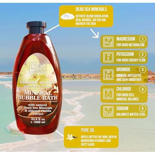 Dead Sea Collection Bubble Bath with Almond Vanilla for Women and Men - Sweet Almond Oil and Dead Sea Salt - Nourishing and Moisturizing Skin - Pack of 2 (67.6 fl.oz)