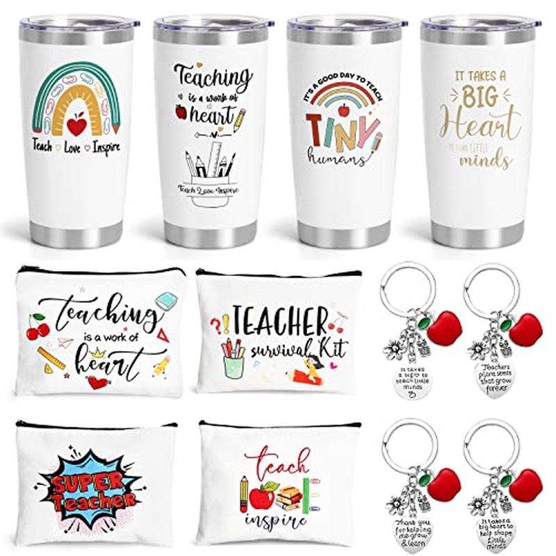 UAREHIBY 12 PCS Teacher Appreciation Gifts in Bulk,20 OZ Wine Tumbler Thank You Gifts for Women Men,Teacher Appreciation Week Gift with Keychain,Best End of Year Gift with Cosmetic Bag