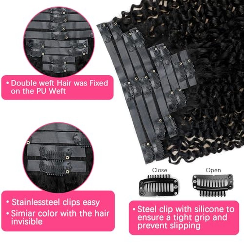 Seamless Clip In Hair Extensions Real Human Hair Invisible PU Kinky Curly Clip Ins Human Hair Extensions 8pcs with 18Clips Per Set 120g(26inch,Natural Black)