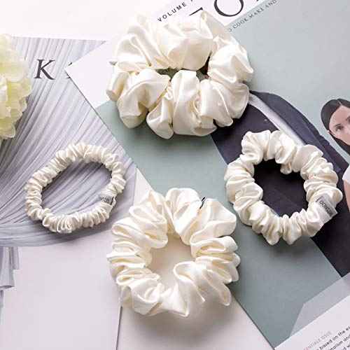 MTSNOO Silk Scrunchies for Hair, 100% Pure 22 Momme Mulberry Silk Scrunchies for Curly Hair with Elastic Band, 4 Pack, Ivory