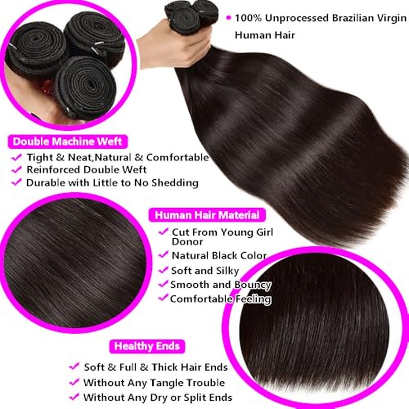 Human Hair Bundles Straight Bundles Human Hair Long Straight Weave 3 Bundles Human Hair 12A Grade 100% Unprocessed Brazilian Hair Extensions Natural Black Color 24 26 28 Inch