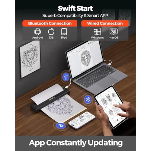 MUNBYN Tattoo Stencil Printer ITP05, Wireless Thermal Tattoo Printer with 20 Transfer Papers, Compatible with Android and iOS Phone/Tablet & PC, Tattoo Printers for Tattoo Artists & Beginners (Black)