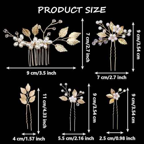 10PCS Gold Leaf Wedding Hair Pins Rhinestone Pearl Hair Jewelry Accessories Crystal Vintage Wedding Hair Styling Pins for Brides Bridesmaids and Flower Girls