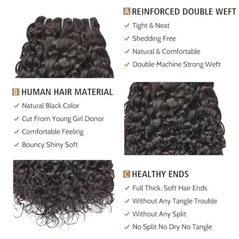 Wequeen 16A Deep Wave Human Hair Bundles 16 18 20 Inch 100% Unprocessed Brazilian Virgin Hair Quick Weave Bundles Human Hair Extensions Real Human Hair, Natural Black
