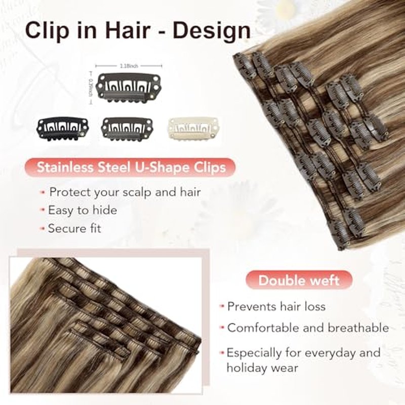 XDhair Clip In Hair Extensions Remy Human Hair 120g 20 Inch Medium Brown #4 Mixed to Caramel Blonde #27 Clip In Real Hair Silk Stright 6Pcs (#4P27,20Inch)