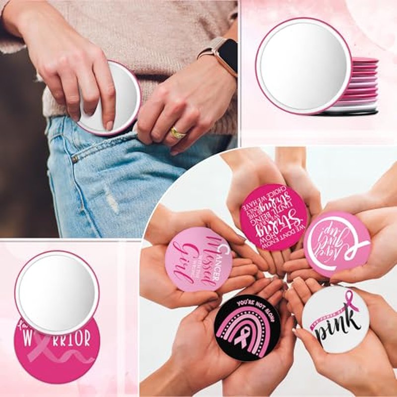 200 Pcs Breast Cancer Awareness Gifts Pocket Mirror Bulk Portable Travel Mirrors Pink Ribbon Breast Survivor Compact Mirror for Charity Women Public School Events Supplies (Inspirational)