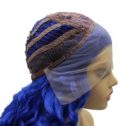 iwonawig Iewig Long Curly Blue Heat Resistant Wig Half Hand Tied Synthetic Hair Front Lace Wig