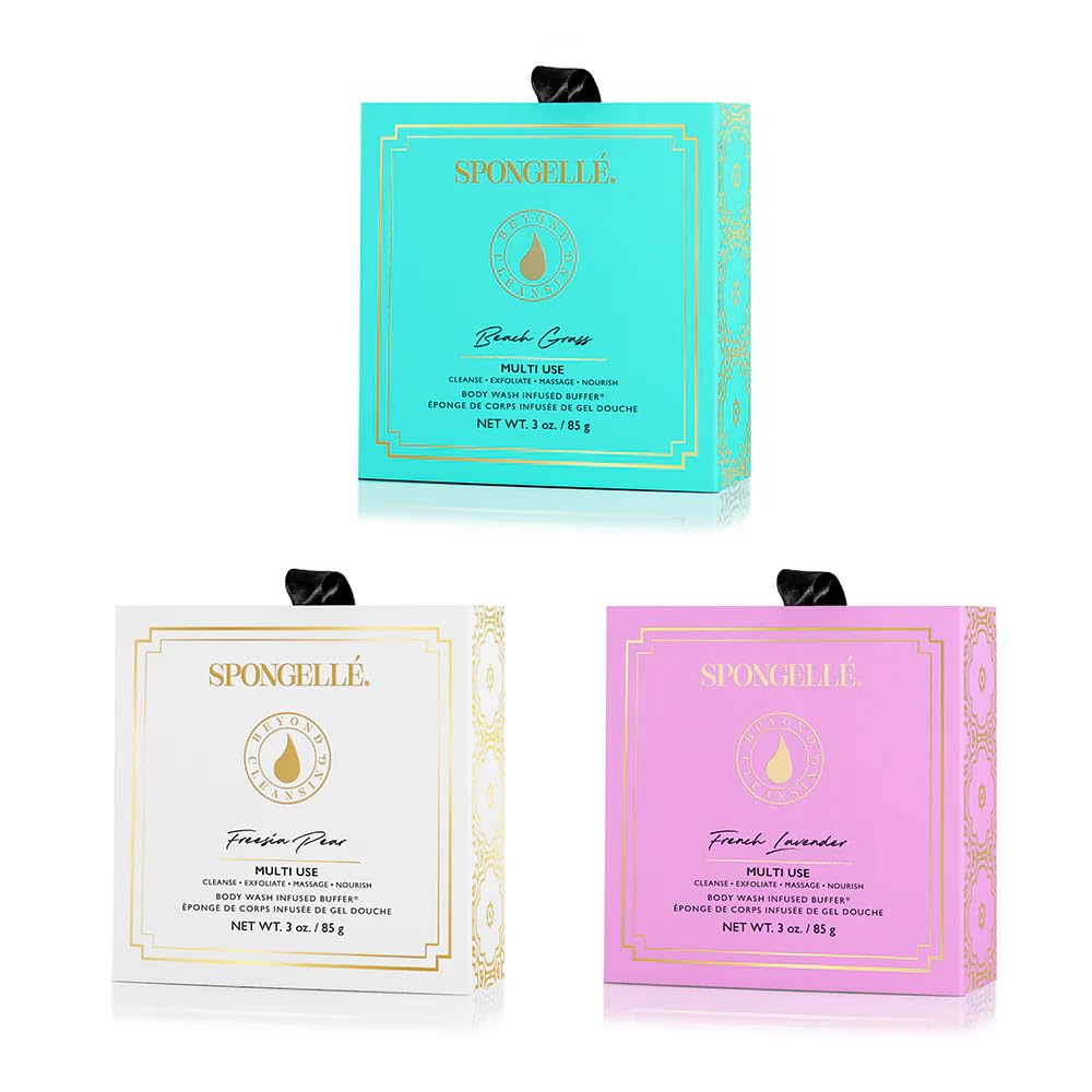 Spongellé Wild Flower Bath Sponge with Box Bundle, Mothers Day Gift | Beach Grass, French Lavender, Freesia Pear | Built-in Body Wash & Body Scrubber, Shower Loofah Sponge for Women | 14+ uses