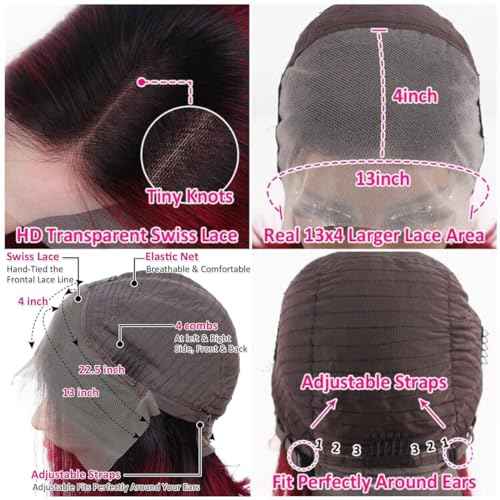 Ombre 99J Burgundy Lace Front Bob Wig Human Hair 13x4 HD Lace Frontal Wigs Short Straight Bob Wigs for Black Women Human Hair Pre Plucked Natural Hairline 1B/99J 8 Inch