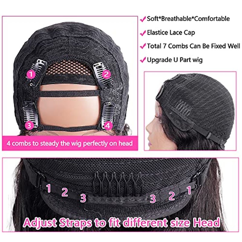 U Part Wigs Human Hair for Black Women Deep Wave Human Hair Brazilian Hair Full Head Clip in Half Wig V Part Glueless Wigs Human Hair Pre Plucked U Shape Wigs (Natural Black, 20 inch)