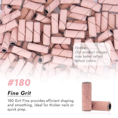 Finea 100 Pc Set Nail Drill Bits 180 Grit Fine Small Sanding Bands with 3.1mm Mini 3/32" Mandrel for Electric File Professional Efile Accessories Manicure Supplies Nail Tech Essentials Light Pink