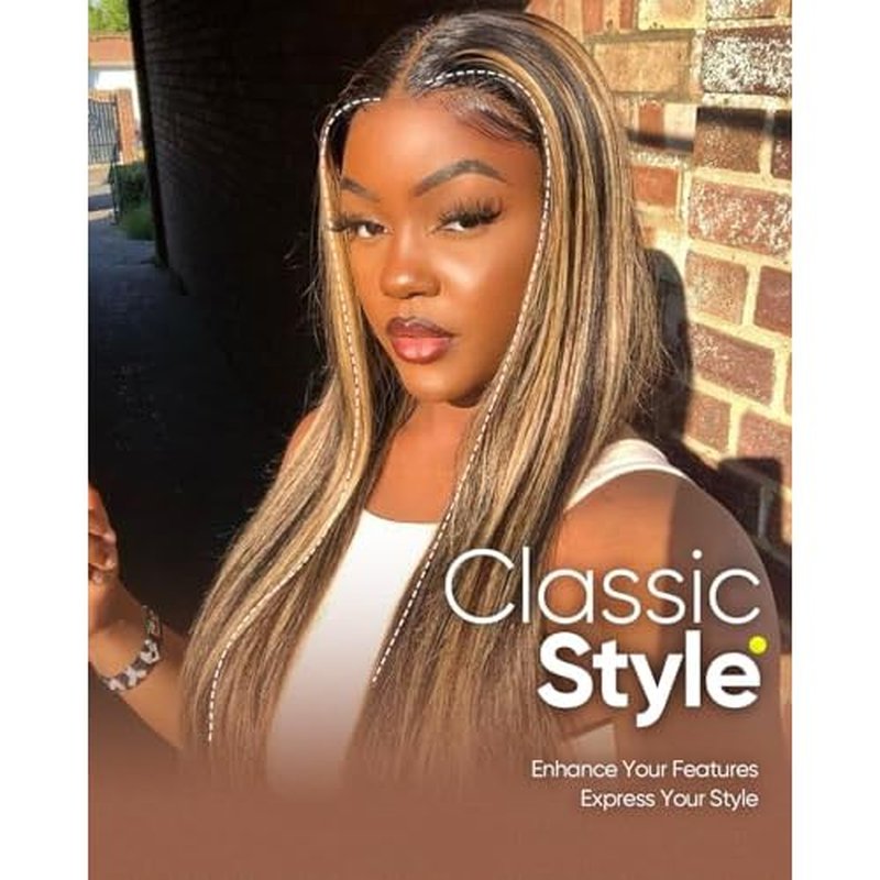 CLong Highlight Ombre Lace Front Wig Human Hair, 13x4 Straight 4/27 Honey Blonde HD Lace Front Wig Pre Plucked 200% Density Colored Lace Front Wigs for Black Women 22Inch