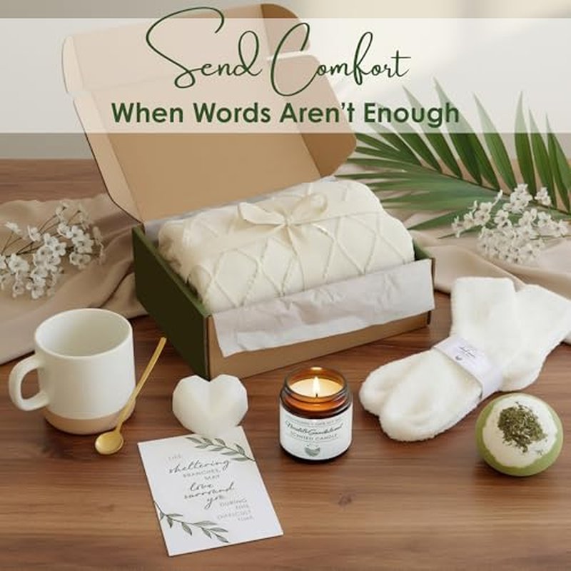 Sympathy Gift Baskets for Women ? 8 Thoughtful & Cozy Items (Blanket and Candle Gift Set with Mug, Socks & More) ? Sympathy Gifts for Loss of Loved One, Get Well, or Self Care Gifts for Women