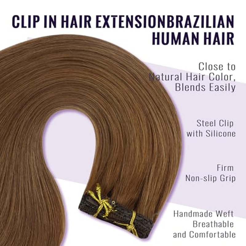 Fshine 18 Inch Clip In Hair Extensions Reddish Brown 105 g 7 pcs Real Human Hair Extensions, For Women Seamless And Comfortable Ideal For Work Parties Or Romantic Date Hairstyles