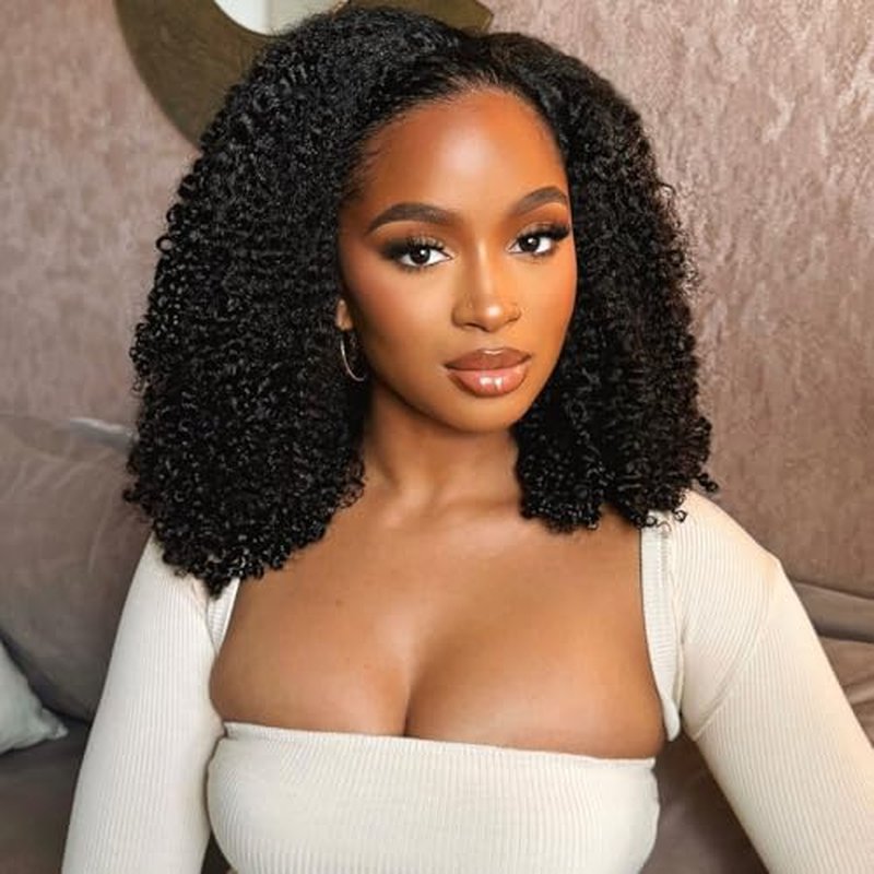 OQ Hair Afro Curly Half Wig Human Hair 180% Density 3 In 1 Beginner Friendly Glueless Wear and Go Kinky Curly Half Human Hair Wig for Women 14 Inch