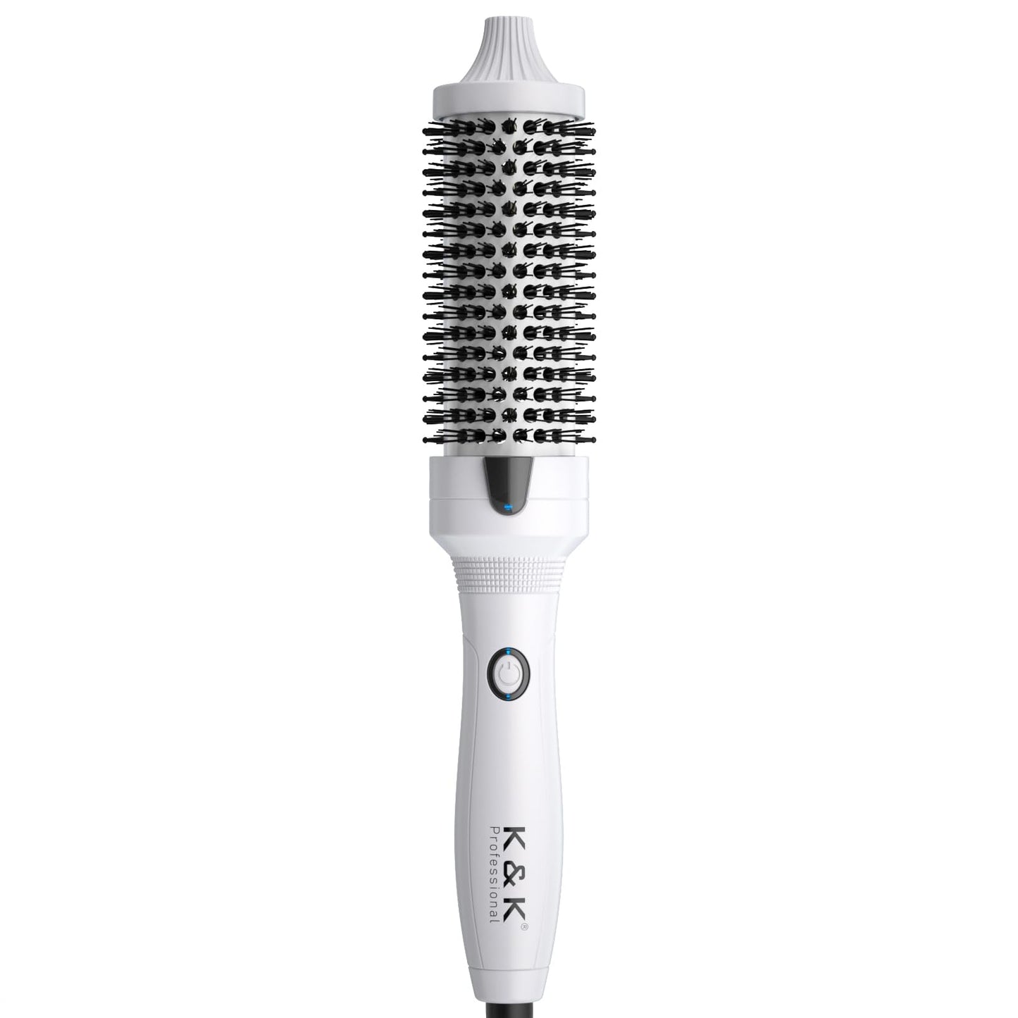 K&K Blowout Boost Thermal Brush, 1.5 inch Heated Round Brush for Blowout Look, Negative Ion Technology, Ceramic Tourmaline, Dual Voltage, White